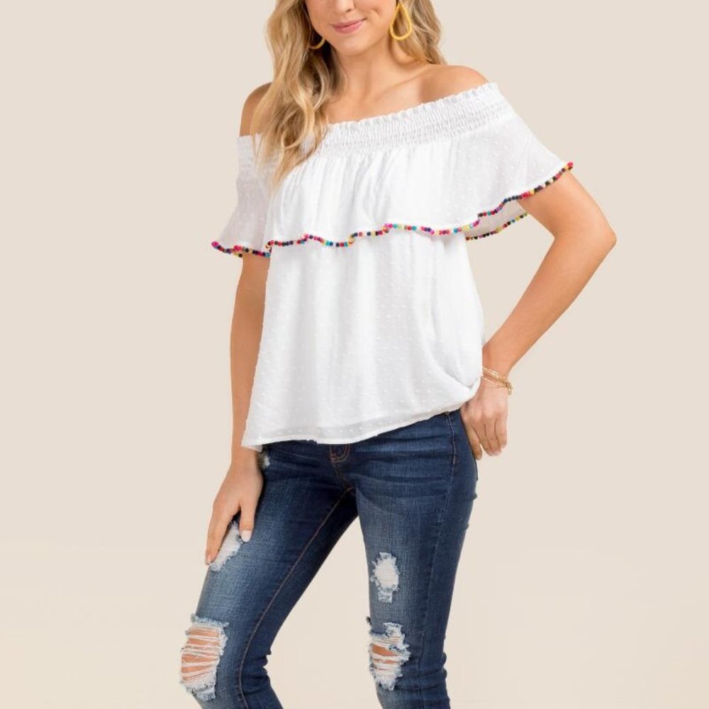 M - Francesca's Josie Off The Shoulder Pom Pom Top